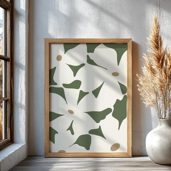Large Abstract Flowers Wall Art Green Modern Floral Botanical Artwork For Living Room Contemporary Flower Decor