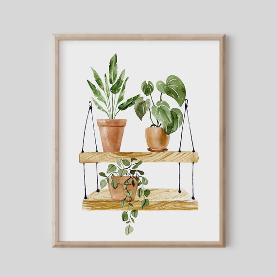 Watercolor Houseplant Painting Botanical Home Decor Indoor Plant Poster Terracotta Pot Emerald Green Leaf Print