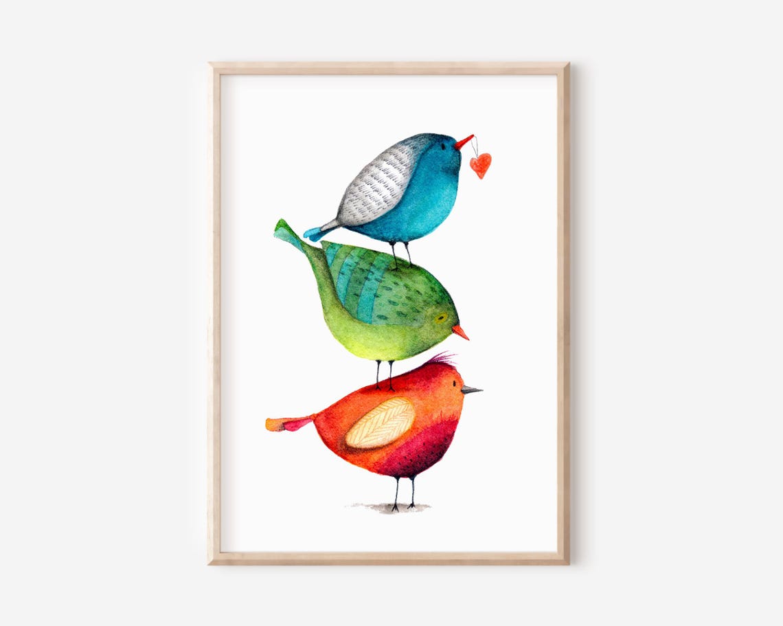 Watercolor Stacked Birds Heart Folk Style Whimsical Nursery Wall Art
