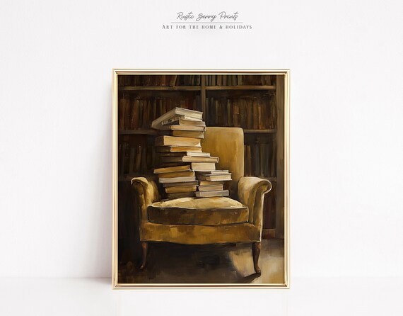 Stack Of Books Vintage Armchair Library Sepia Moody Oil Painting Poster