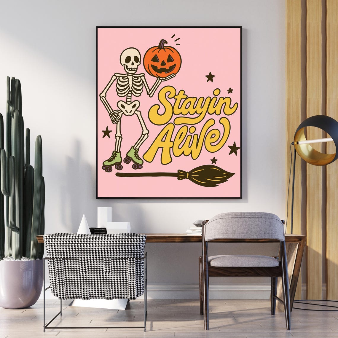 Stayin Alive Roller Skating Skeleton Retro Pink Halloween Poster