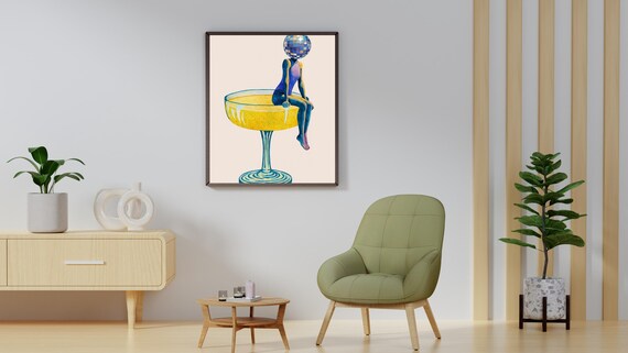 Disco Ball Girl In Giant Cocktail Glass Retro Party Wall Art