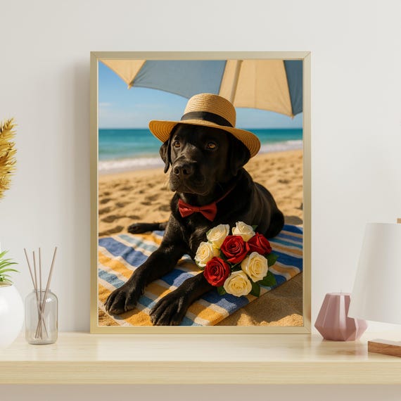 Romantic Dog Beach Wall Art Black Lab With Roses And Hat Funny Summer Decor For Pet Lovers
