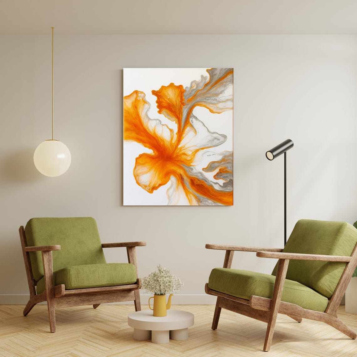 Orange Gray Dutch Pour Fluid Abstract Modern Canvas Art Poster