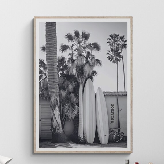 Fine Art Surf Black And White Photography Print Beach Surfboard Palm Trees Poster Surfing Wall Decor