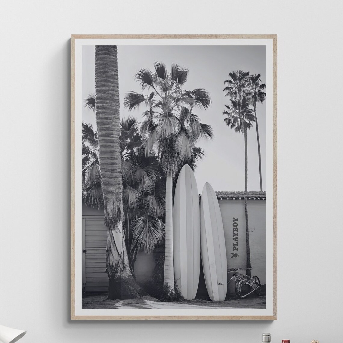 Black And White Surfboards Leaning By Palms Playboy Sign Surf Poster
