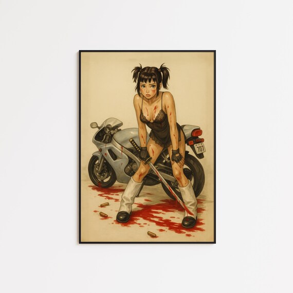 Ride Or Bleed Femme Fatale Anime Katana Motorcycle Warrior Poster