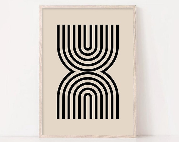 Mid Century Geometric Lines Abstract Beige Black Minimal Poster