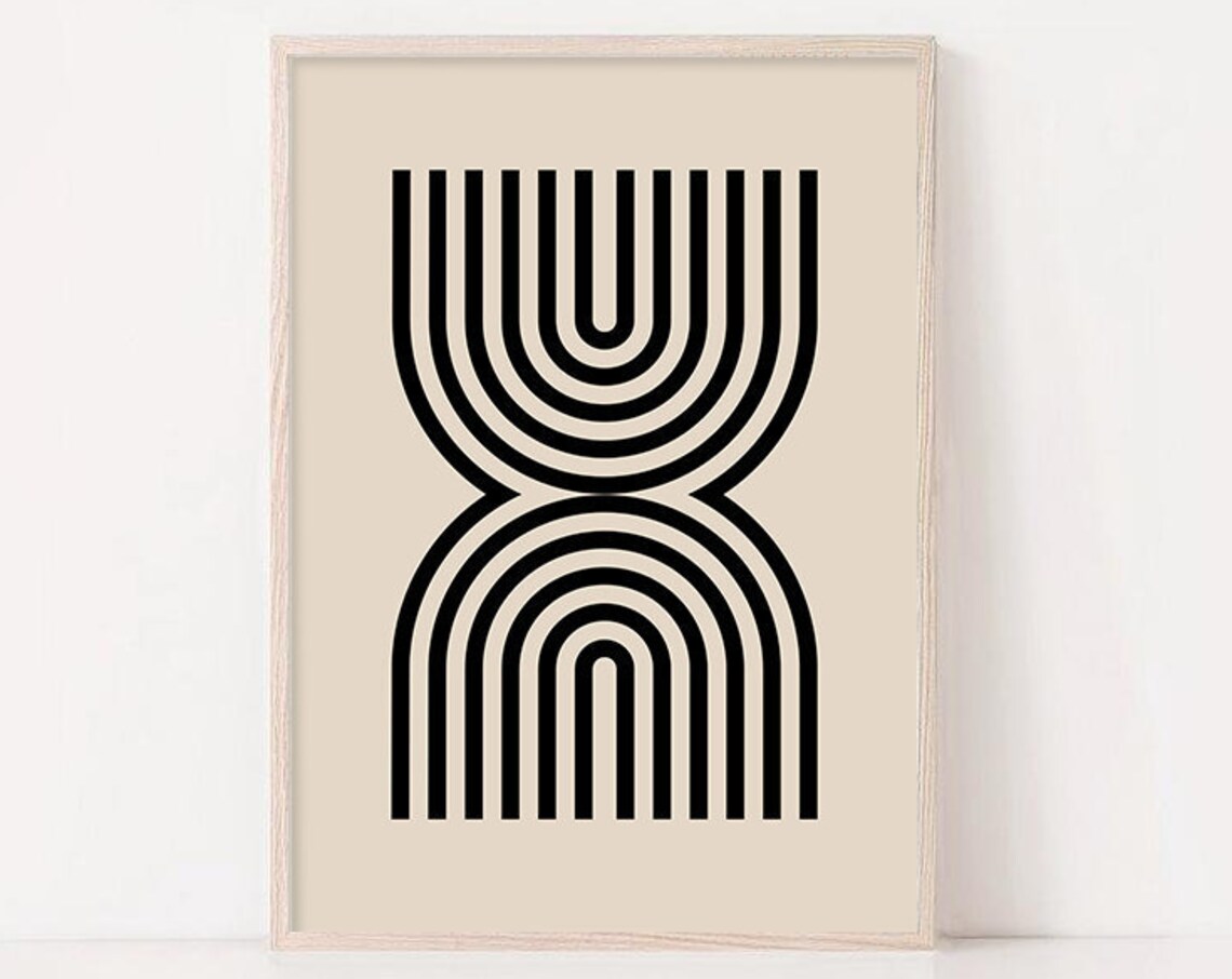 Mid Century Geometric Lines Abstract Beige Black Minimal Poster