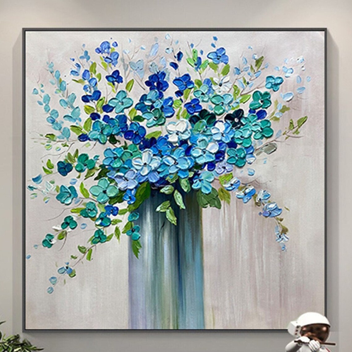 Blue Hydrangea Bouquet in Vase Textured Impasto Floral Wall Art Poster