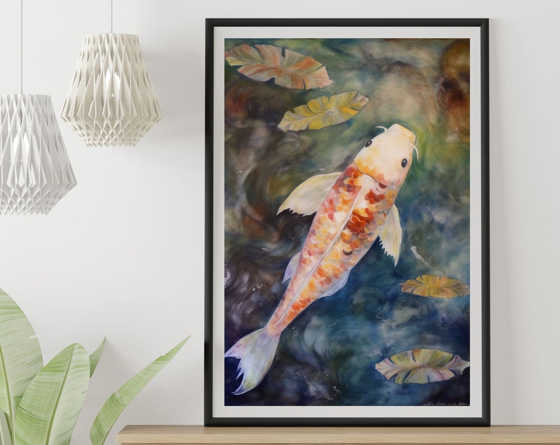 Orange Koi Fish Watercolor Pond Lily Pads Zen Painting Poster