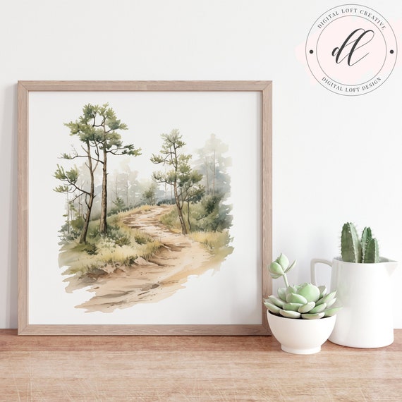 Watercolor Forest Hiking Path Art Rustic Nature Landscape Woodland Scenery Illustration Tranquil Home Decor