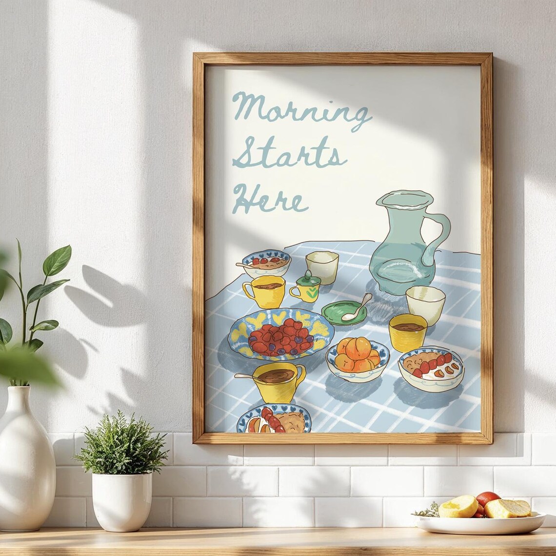 Morning Starts Here Breakfast Table Kitchen Illustration Art Poster