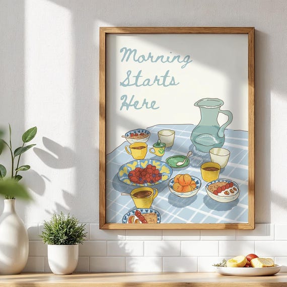 Breakfast Table Art Morning Starts Here Kitchen Wall Print Cozy Dining Room Decor For Coffee Nook