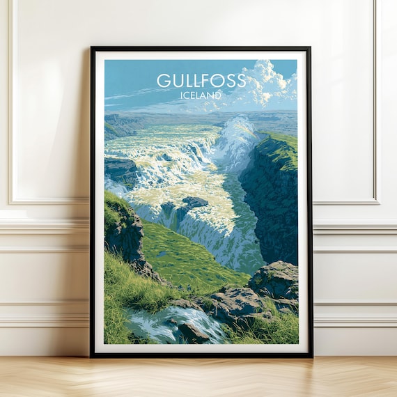 Gullfoss Iceland Waterfall Vintage Nature Travel Landscape Poster