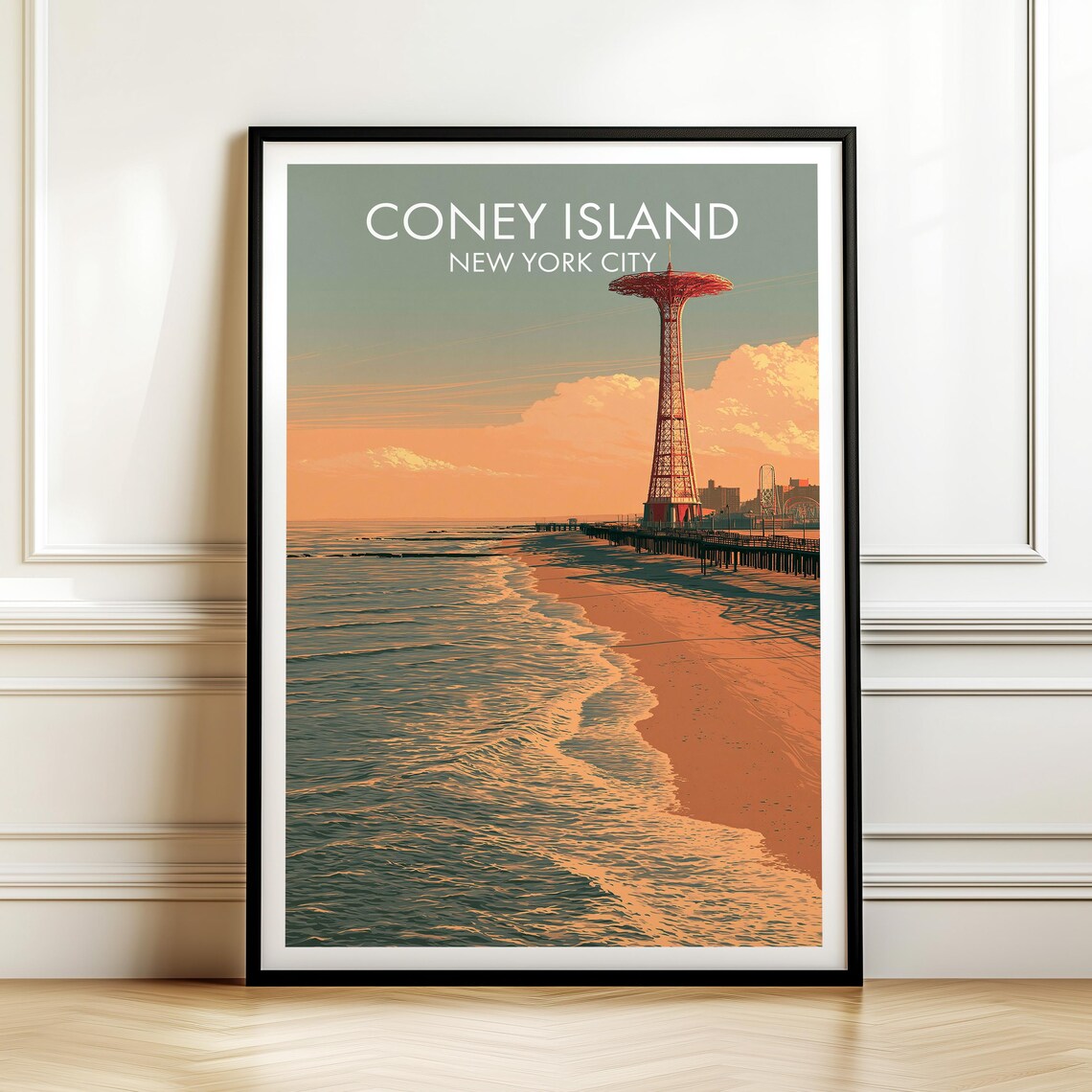 Coney Island New York City Sunset Beach Parachute Tower Travel Poster
