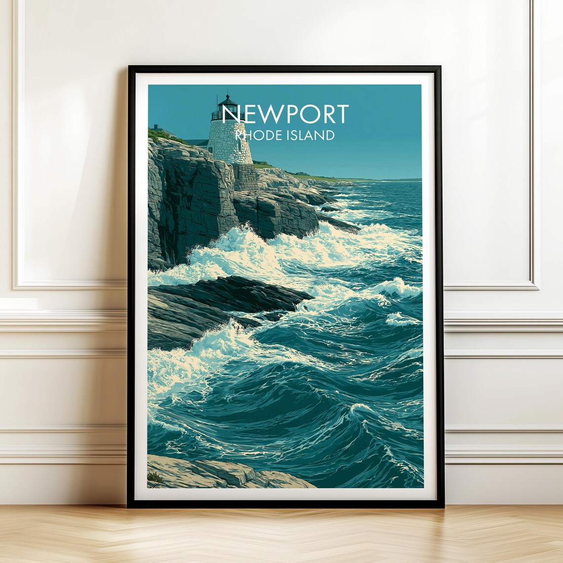 Newport Rhode Island Lighthouse Travel Poster Ocean Waves Seaside Gift