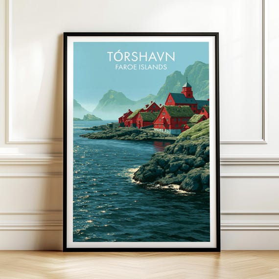 Trshavn Faroe Islands Travel Poster Vintage Europe Landscape Wall Art Print
