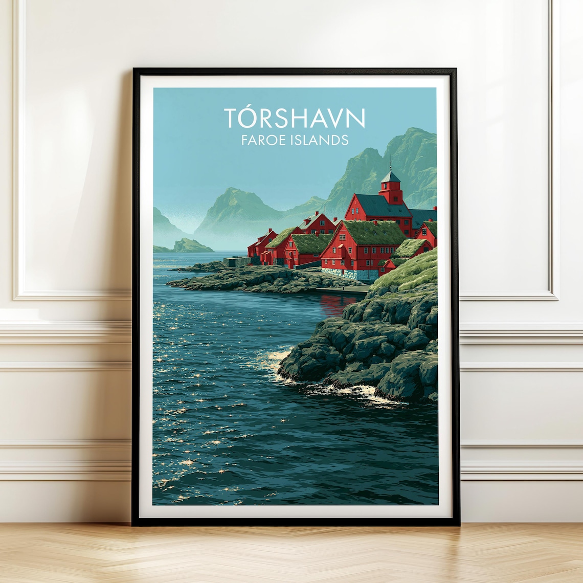 Torshavn Faroe Islands Red Seaside Houses Vintage Travel Poster