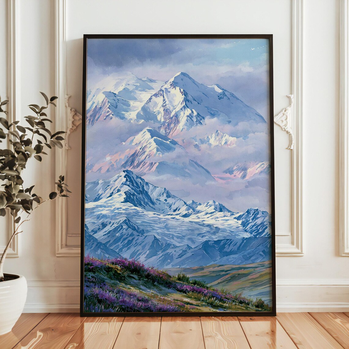 Denali National Park Snowy Peaks Wildflower Meadow Watercolor Poster