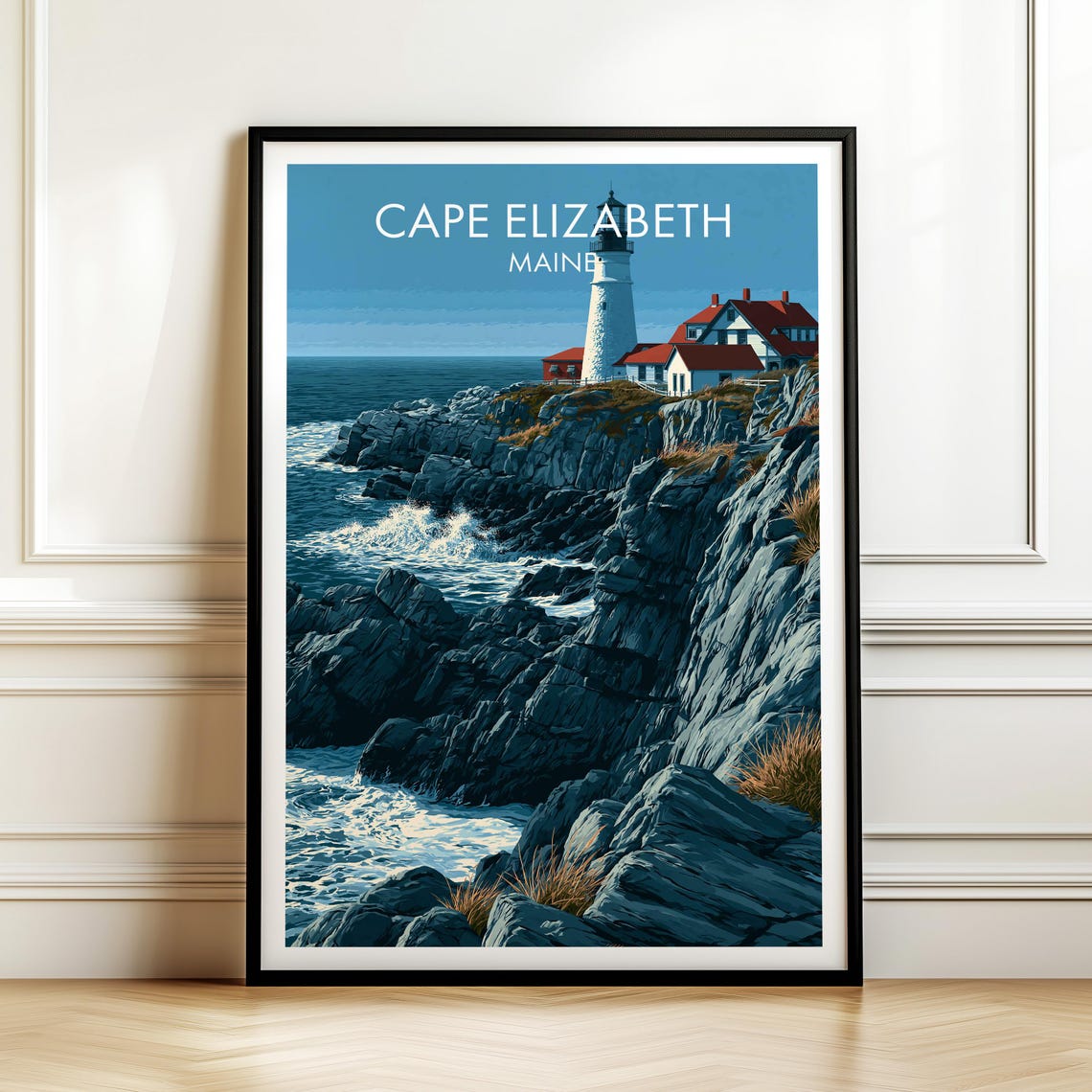 Cape Elizabeth Maine Lighthouse Rocky Ocean Coast Travel Poster