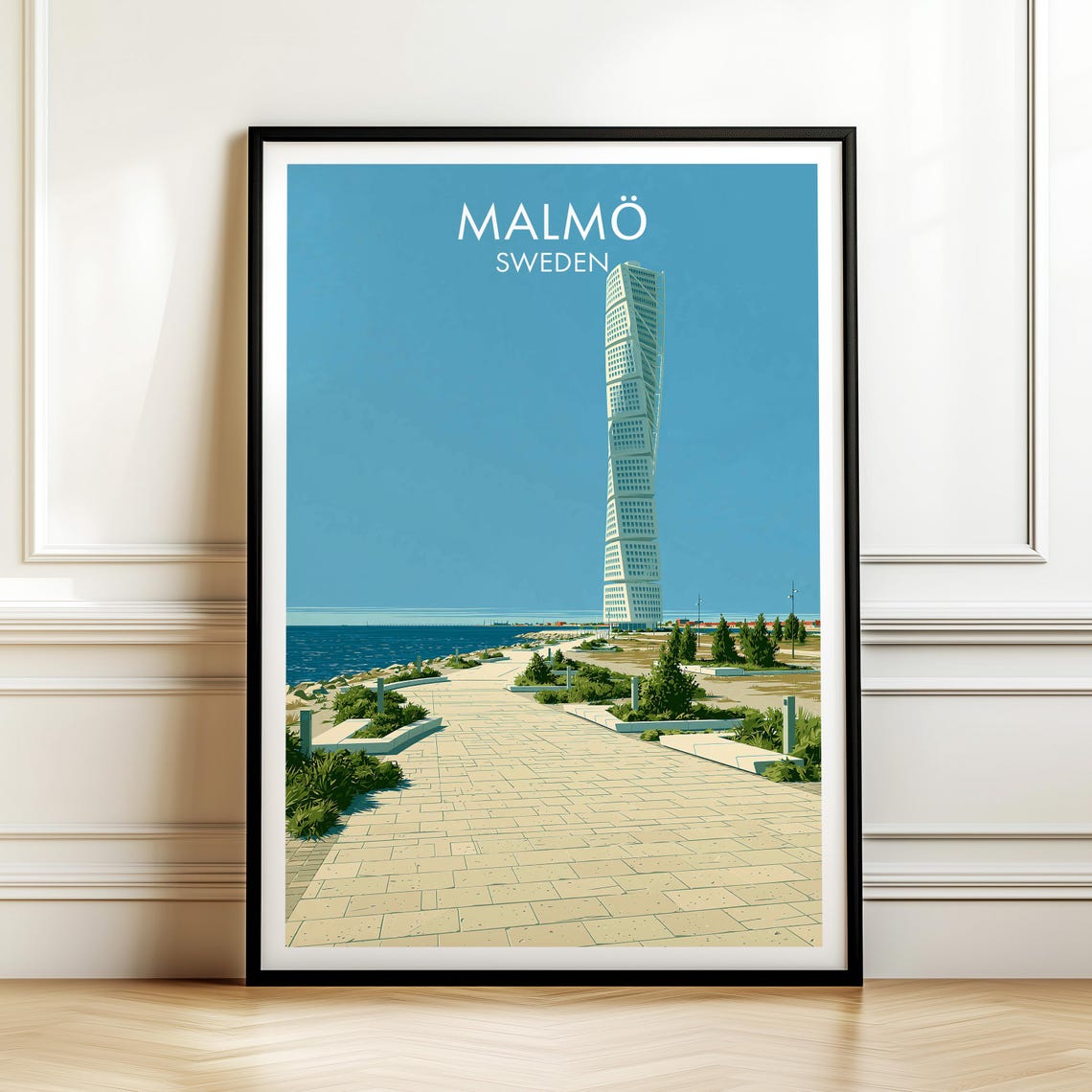 Malmo Sweden Vintage Travel Poster with Turning Torso Tower Waterfront