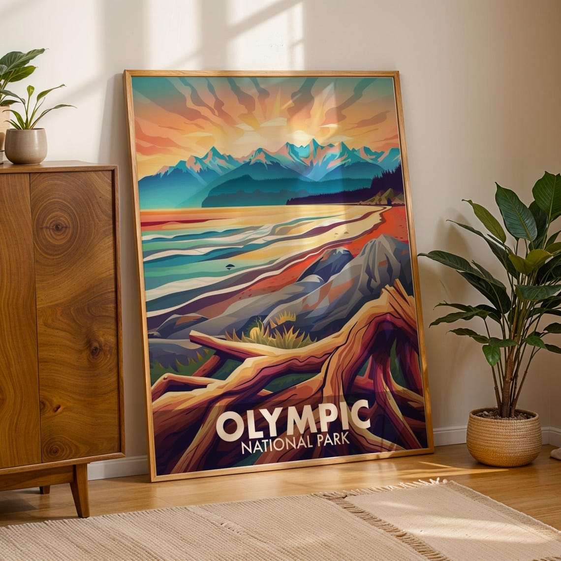 Olympic National Park Sunset Coastline Retro Travel Style Poster