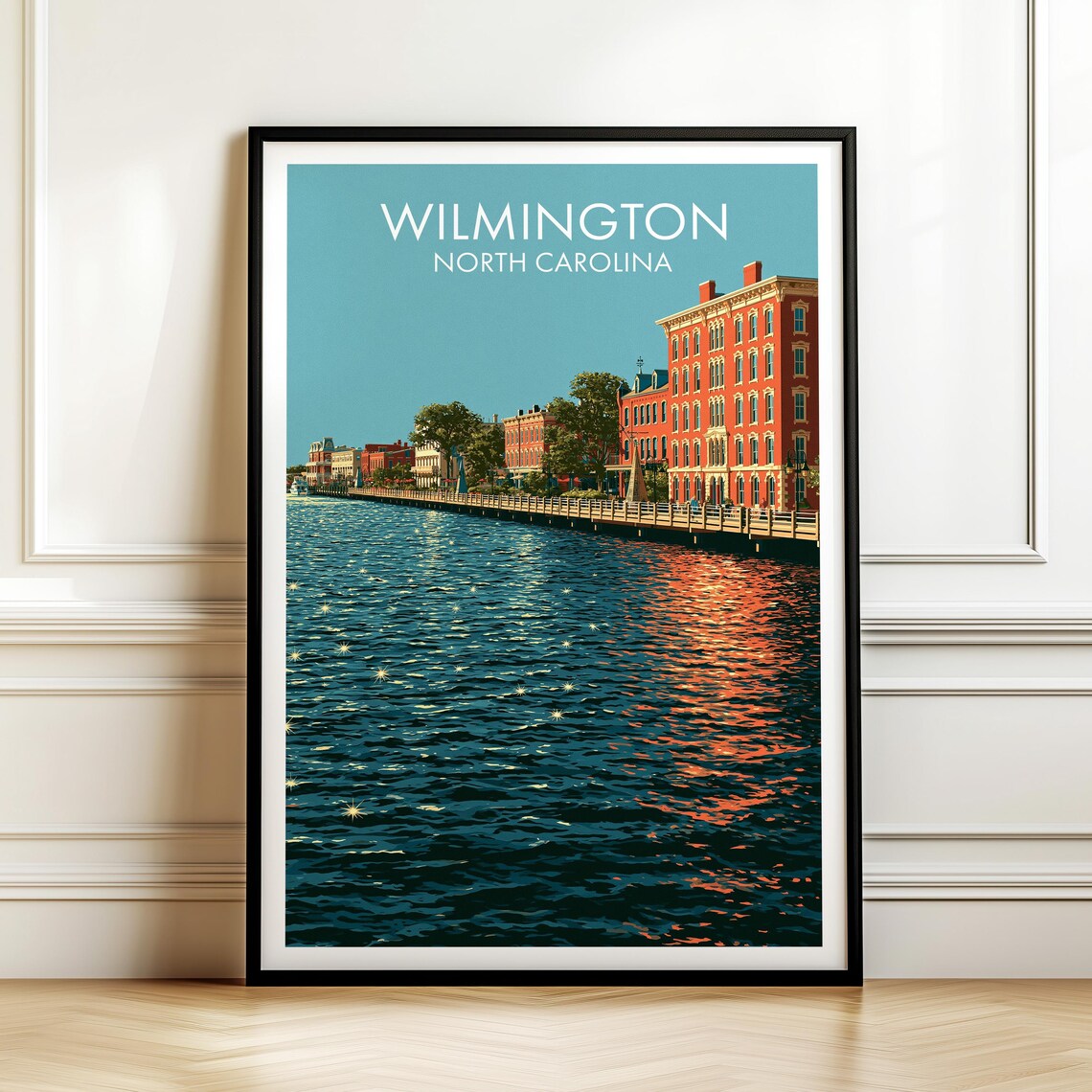 Wilmington North Carolina Riverfront at Night Vintage Travel Poster