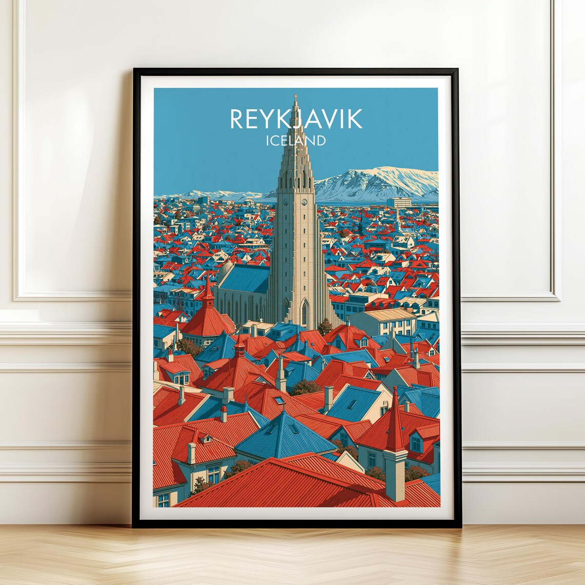 Reykjavik Iceland Hallgrimskirkja Church Cityscape Vintage Travel Poster