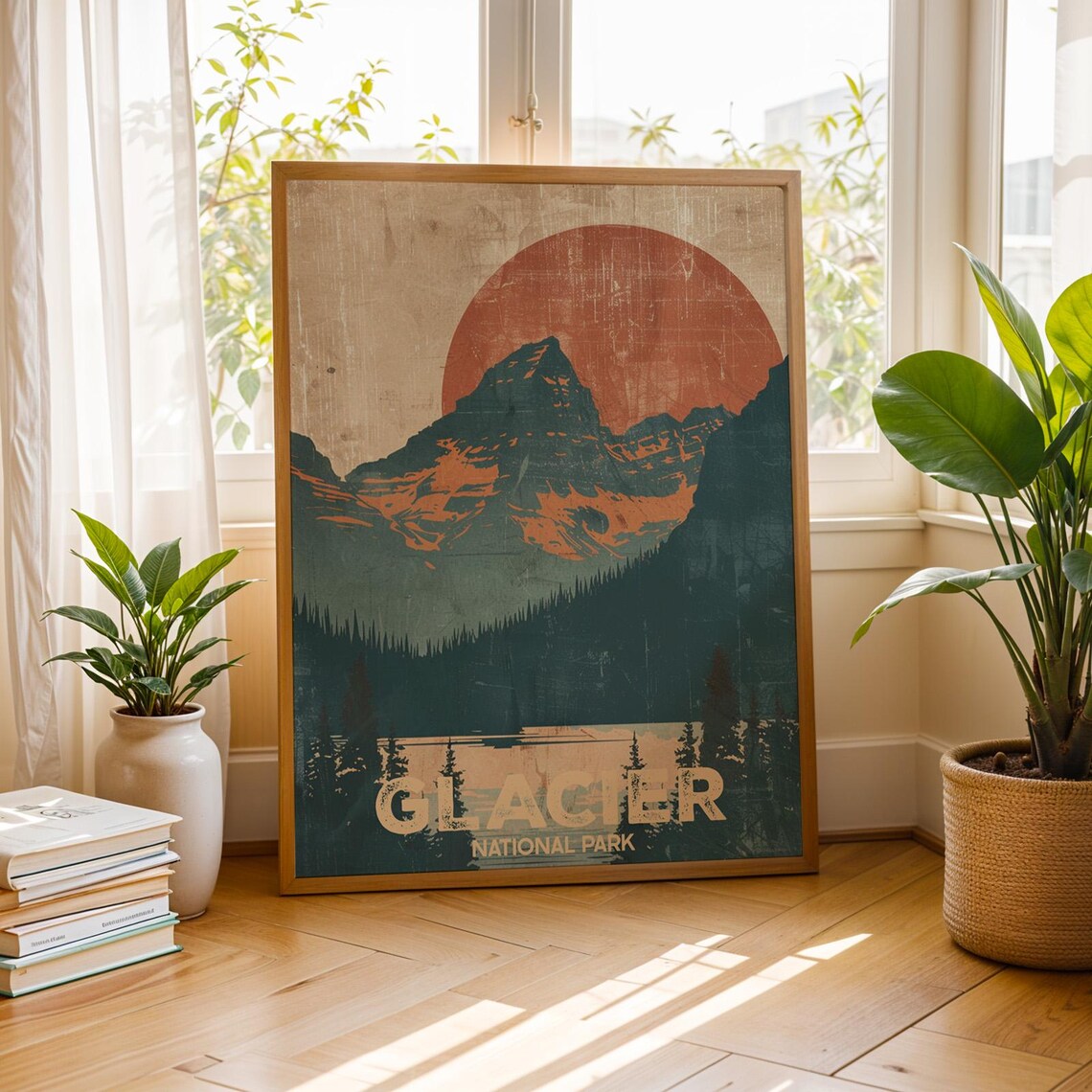 Glacier National Park Vintage Mountain under a Red Sun Travel Art Poster