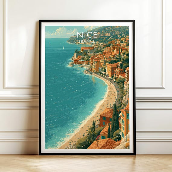 Nice France Poster Vintage Europe Travel Wall Art Cityscape Print European Vacation Decor Gift