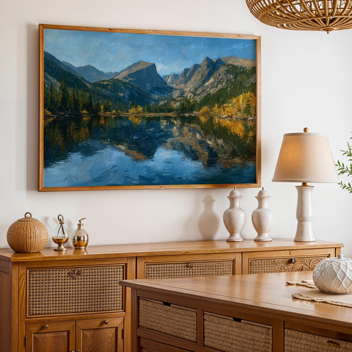 Rocky Mountain National Park Alpine Lake Reflection Oil Painting Poster