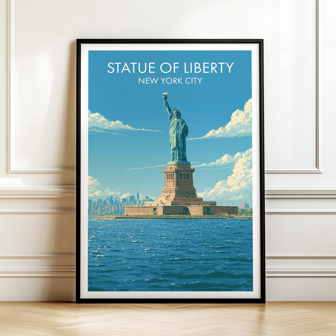 Statue Of Liberty New York City Harbor Skyline Vintage Travel Poster