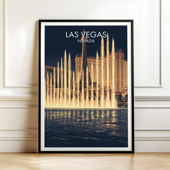 Bellagio Fountains Las Vegas Nevada Poster Vintage Travel Wall Art Decor Usa Cityscape Print Gift