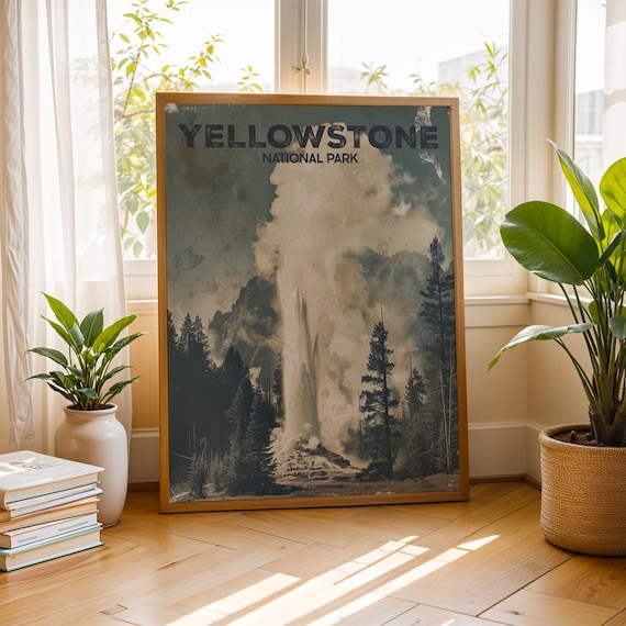 Yellowstone National Park Poster Vintage Geyser Eruption Travel Scenic Art