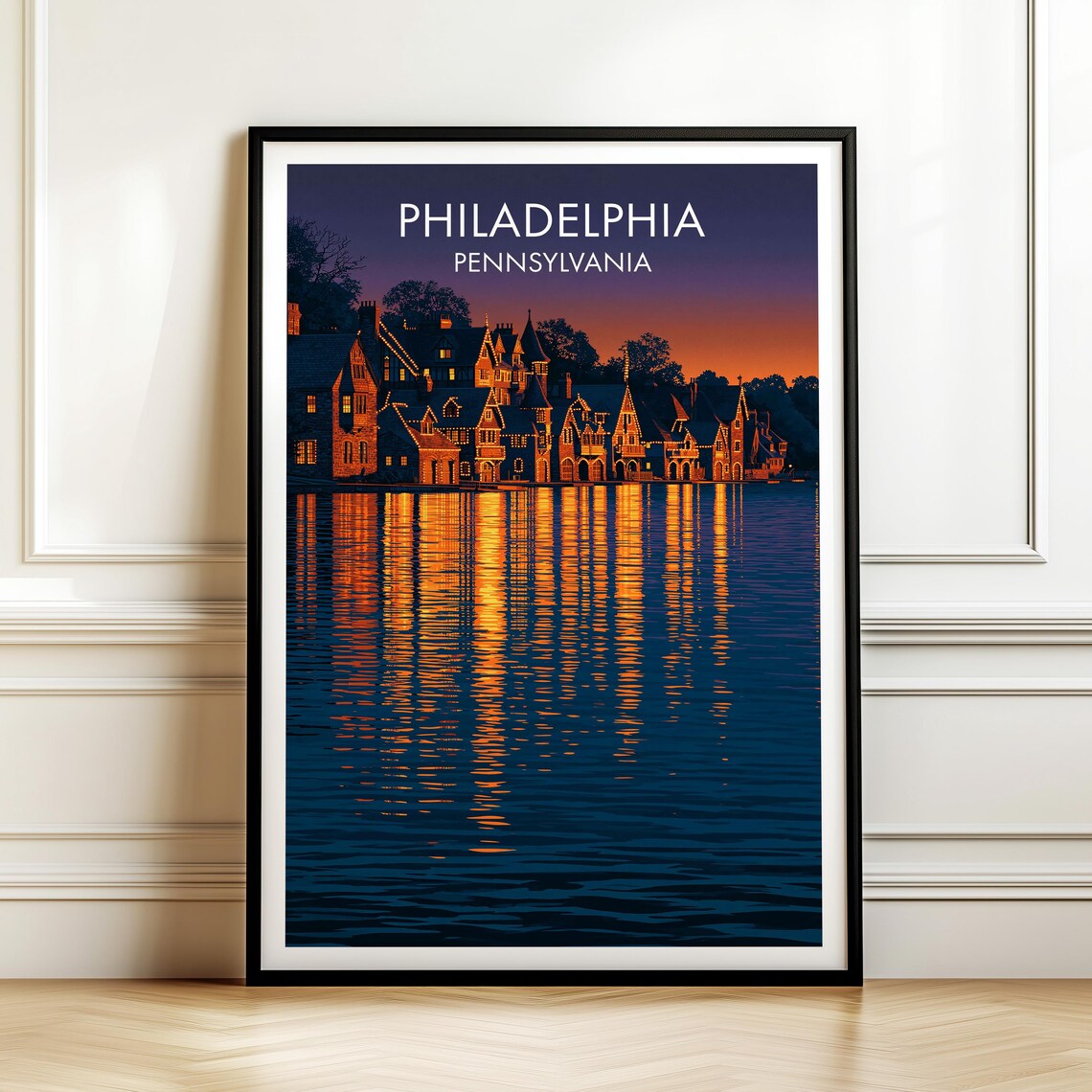 Philadelphia Pennsylvania Boathouse Row Night Vintage Travel Poster