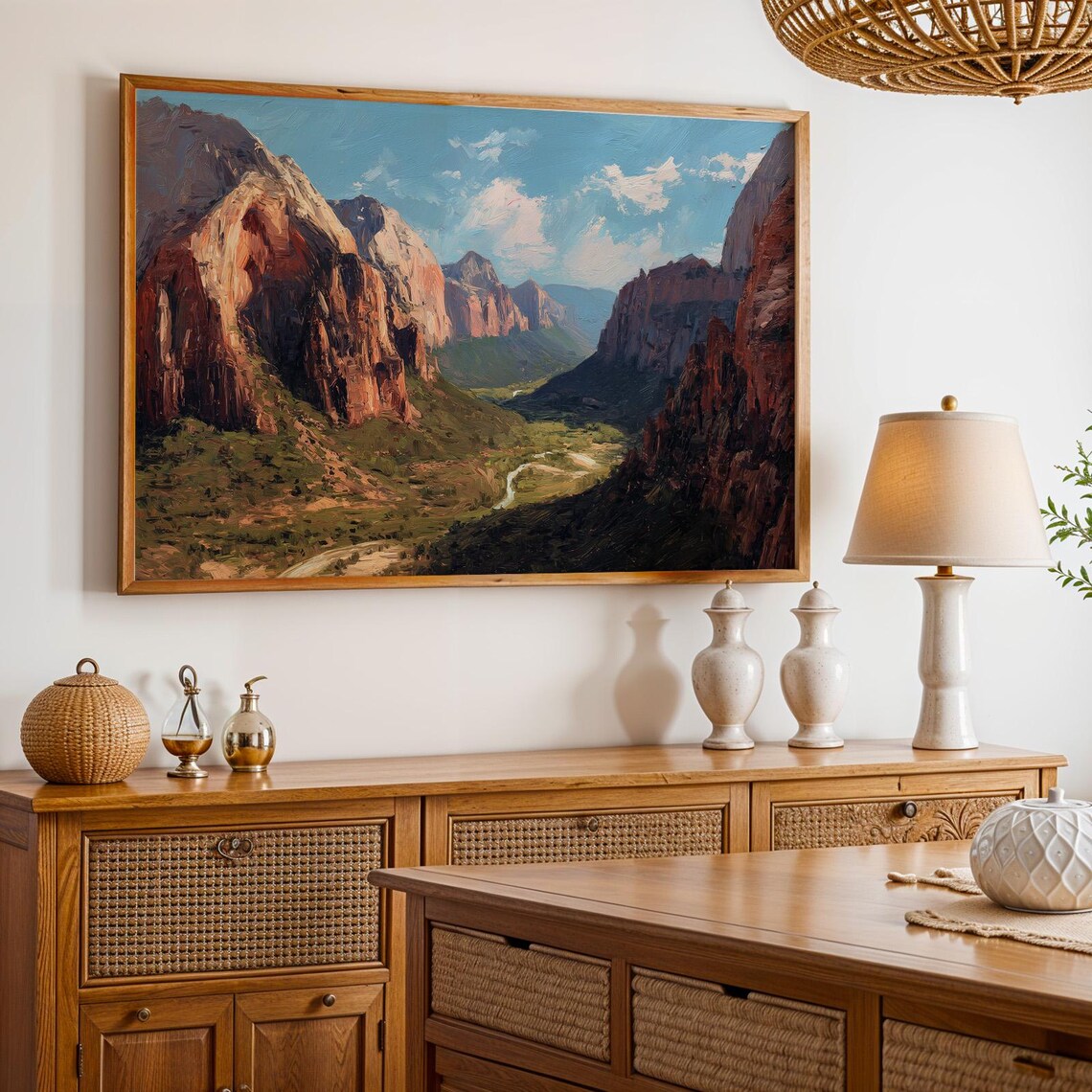 Zion National Park Red Cliffs Canyon Oil Painting Scenic Wall Art