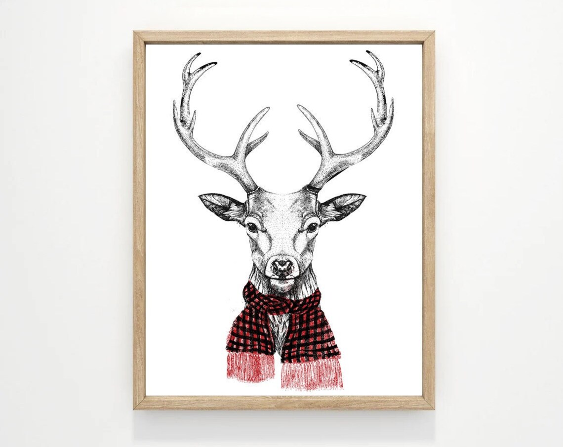 Reindeer Red Plaid Scarf Winter Sketch Christmas Animal Art Poster