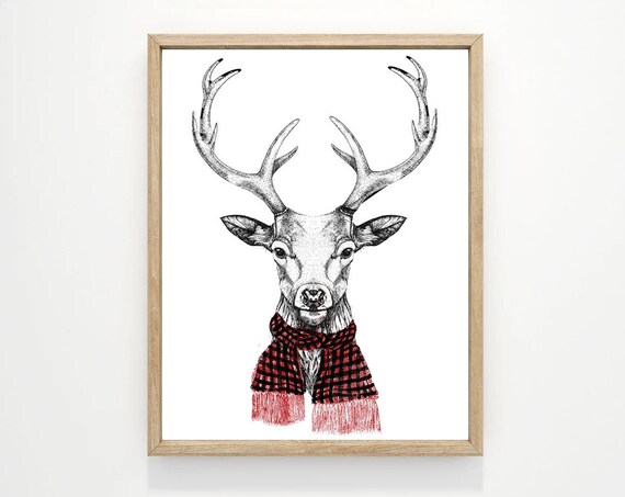 Reindeer Red Plaid Scarf Winter Sketch Christmas Animal Art Poster
