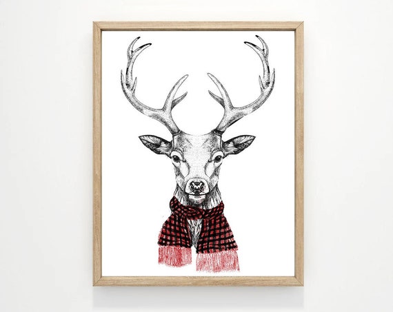 Reindeer Red Scarf Illustration Wall Decor Christmas Art Winter Pictures Print Framed Or Wrapped Gallery Canvas Sign