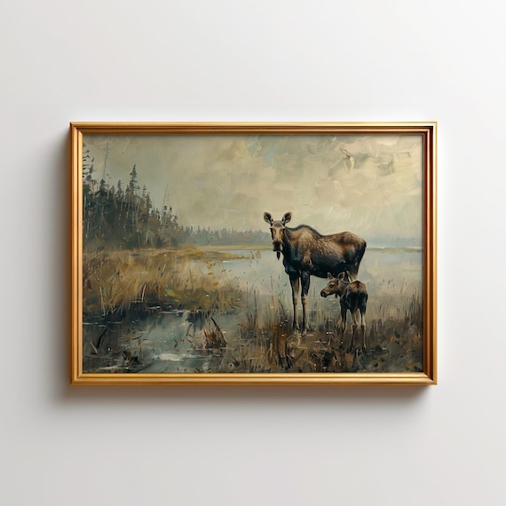 Moose And Calf Painting Of Wall Art Family Poster Canada Animal Paint North America Wildlife