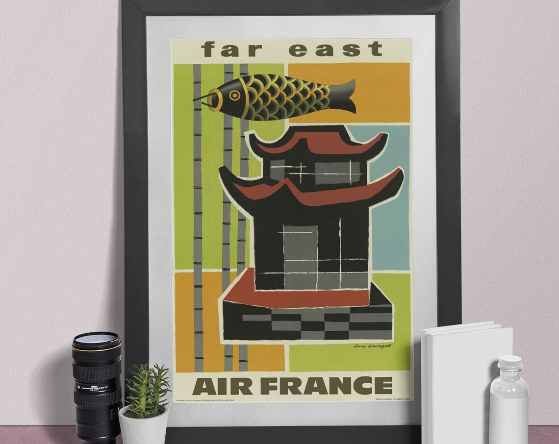 Air France Far East Japan Pagoda Vintage Retro Airline Poster