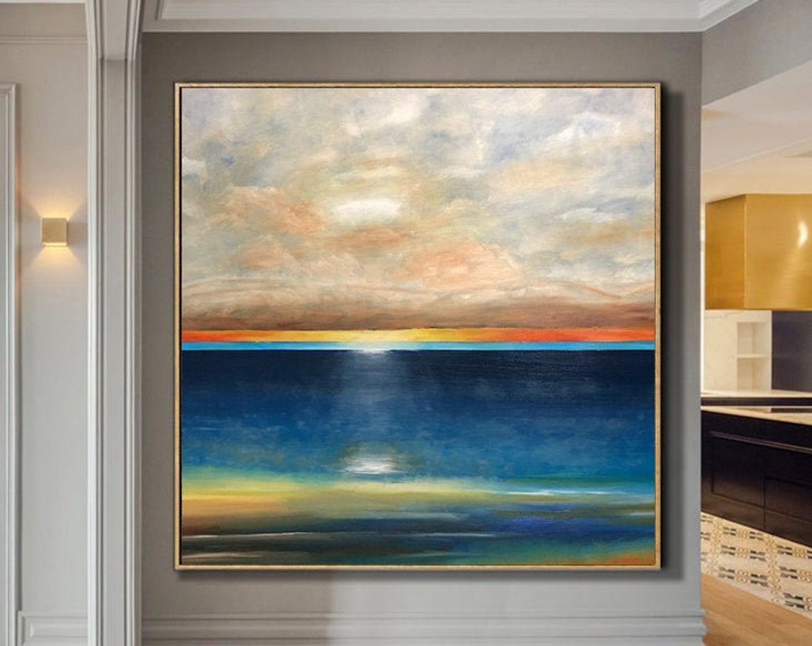 Sunset Over Deep Blue Water Square Seascape Orange Horizon Glow Poster - Image 2