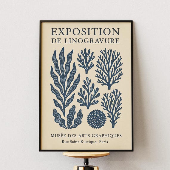 Linocut Botanical Seaweed Poster, Coastal Nature Illustration