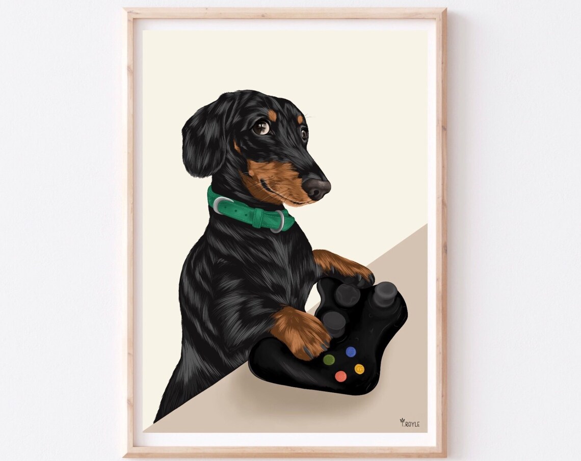 Dachshund Dog Gaming Art Print, Funny Dog Art
