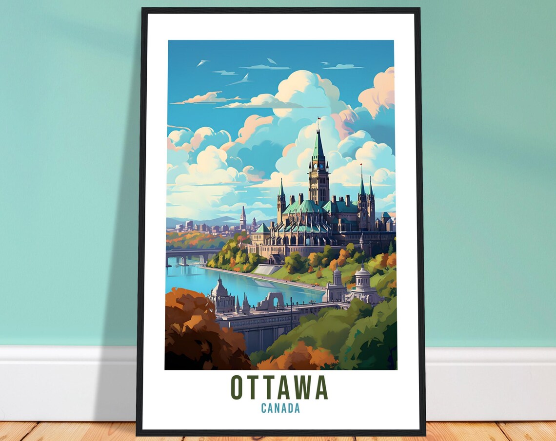 Ottawa Canada Parliament Hill Riverside Landmark Travel Poster