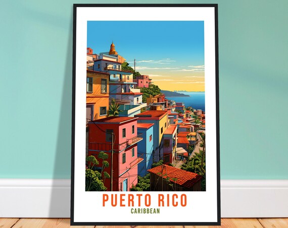 Puerto Rico Caribbean Colorful Hillside Coastal Town Travel Poster