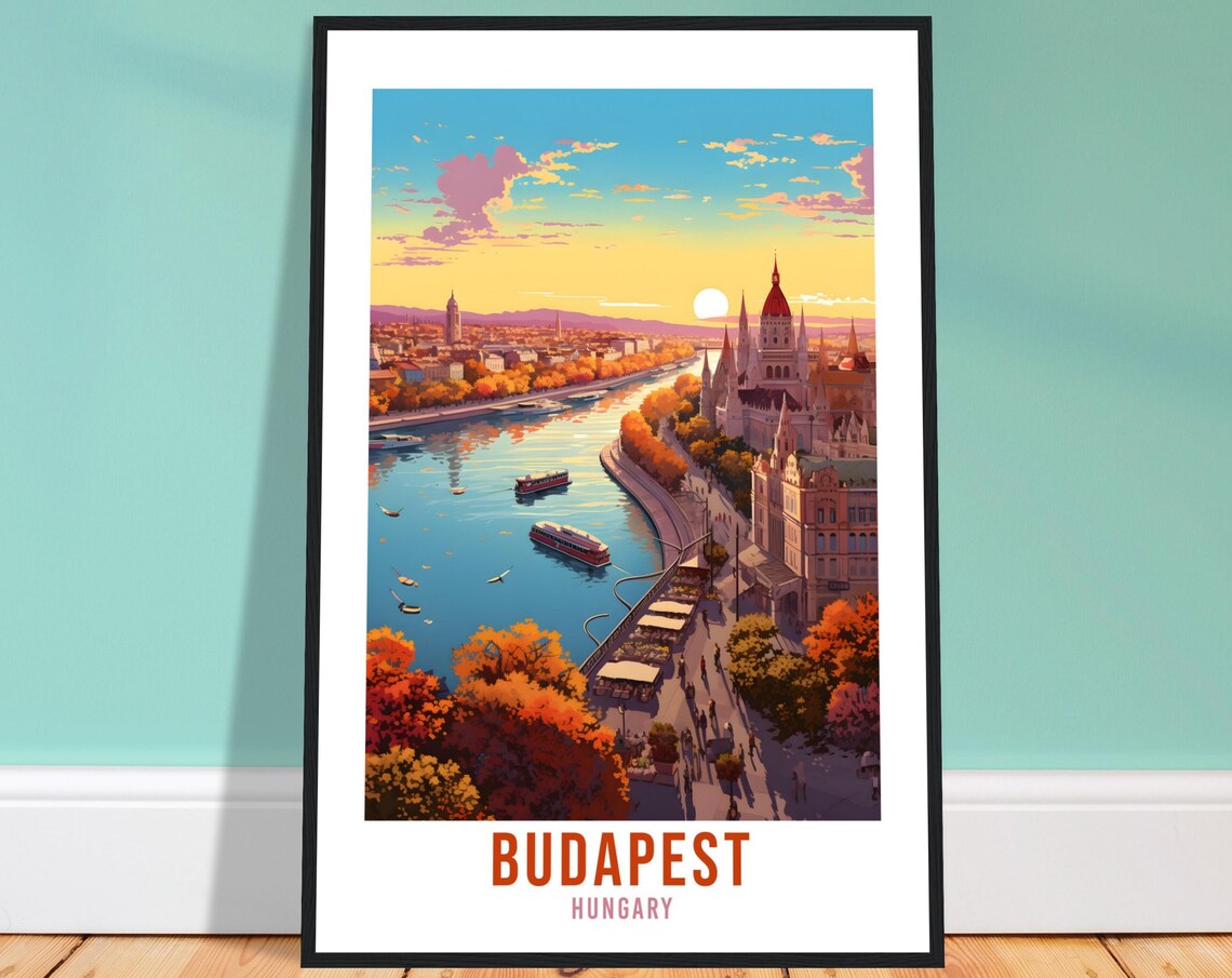 Budapest Hungary Danube Parliament Autumn Sunset Travel Poster