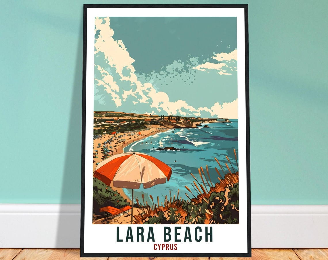 Lara Beach Cyprus Orange Umbrella Cliffs Turquoise Sea Poster