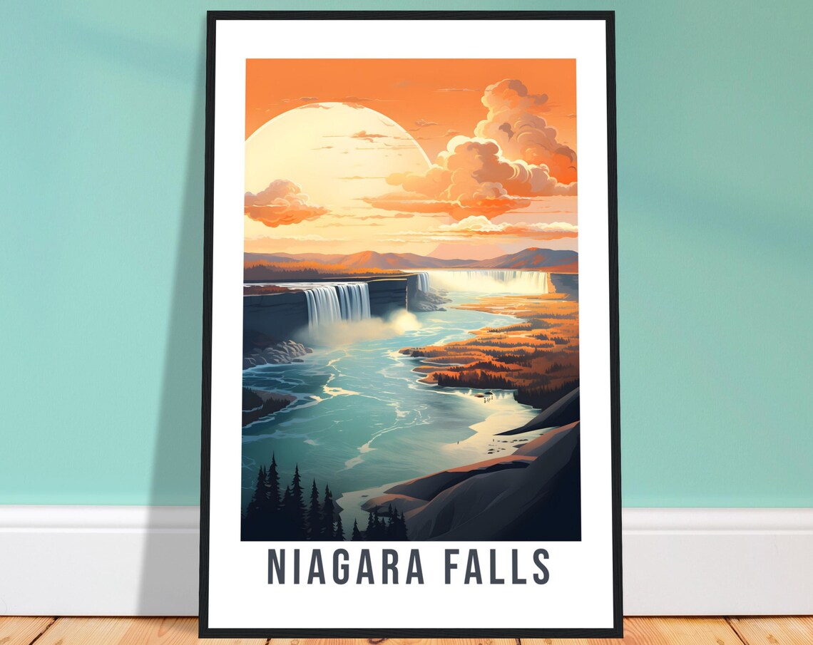Niagara Falls Sunset Golden River Waterfall Vintage Scenic Poster
